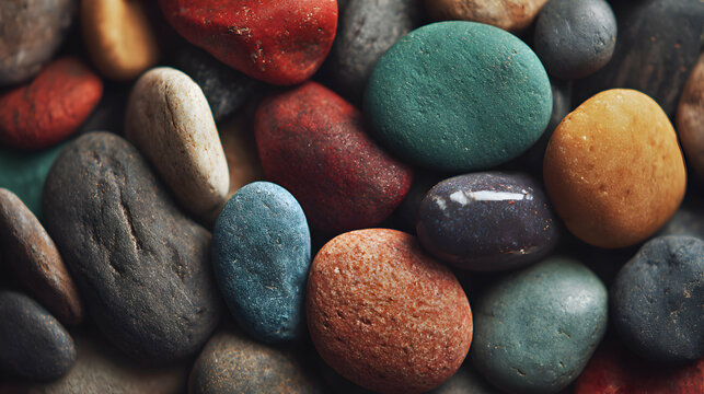 Close up showcasing vibrant collection of assorted colored smooth stones creating a nature background