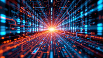 Futuristic digital tunnel with glowing lines and vibrant colors, creating sense of speed and technology