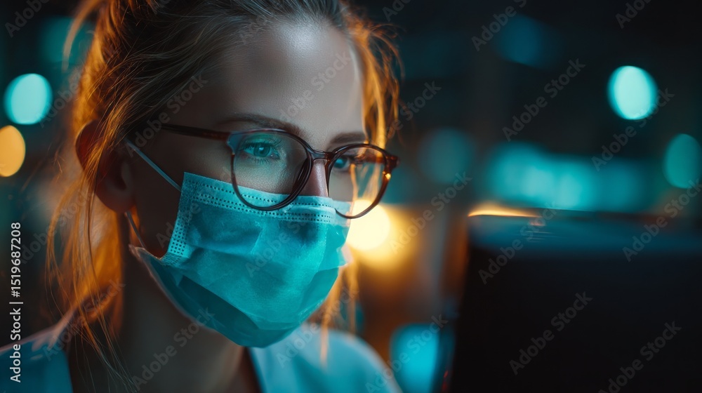 Poster Female scientist working at a computer while wearing a mask in a modern laboratory setting during evening hours