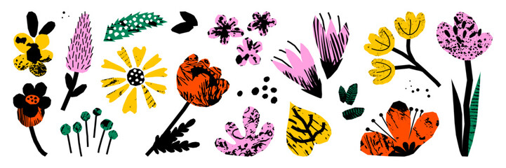 Set of cutout flower element with grunge texture effect. Rough collage shapes of plants, leaves, berry. Isolated vector graphic.