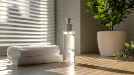Calm and Serene Bathroom Setting with Towel and Liquid Soap Dispenser