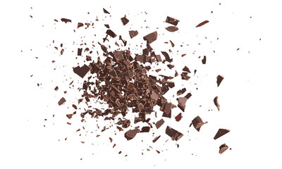 Milled dark chocolate shavings, isolated on white, 70% cocoa, pile of chocolate, top view, vector illustration, chocolate texture, dessert ingredients, food styling, confectionery art.
