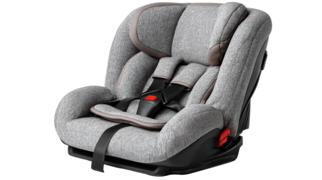 Child car seat isolated on transparent background with safety harness and padding