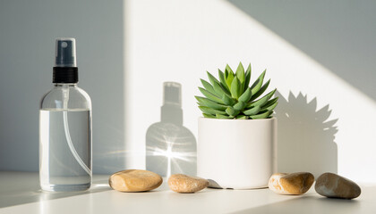 Succulent Plant in Minimalist Ceramic Pot with Spray Bottle on Bright Counter for Home Decor, Gardening Blogs, Indoor Plant Care, and Lifestyle Articles 