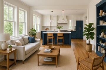 Fototapeta premium An open plan interior features a luxurious living room and white kitchen design