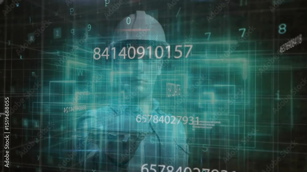 Poster Engineer responding to data flash, interacting with numeric overlays on grid during malware scan