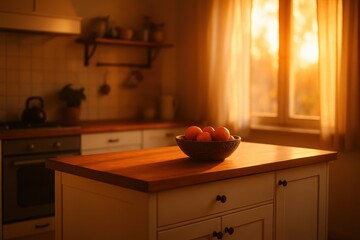 The warm glow of sunset illuminates a kitchen, where a kitchen island stands out, surrounded by bowls of fruit, and exudes a sense of peaceful and inviting home cooking
