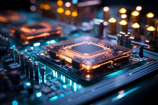 Illuminated circuit board with glowing elements demonstrating technology and computer processing