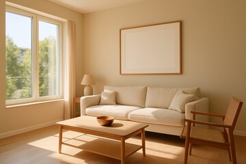 A Japandi living room interior is characterized by a cozy beige couch and modern minimalist design elements in the apartment