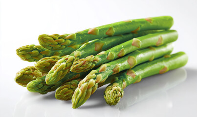 A green asparagus arranged horizontally in slight perspective on white background