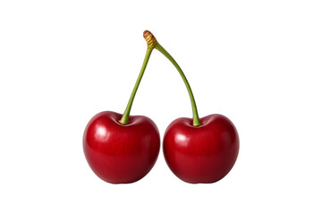 Two fresh red cherries with green stems isolated transparent background. Juicy and ripe summer fruits perfect food advertisements, packaging, healthy lifestyle concepts, culinary design, clipping path