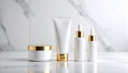 Four White And Golden Skincare Product Packaging Placed on Marble Surface Indoors