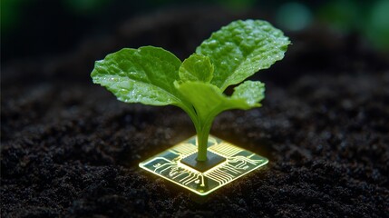 The Symbiosis of Technology and Nature: A Young Plant Sprouting from a Microchip Embedded in Soil