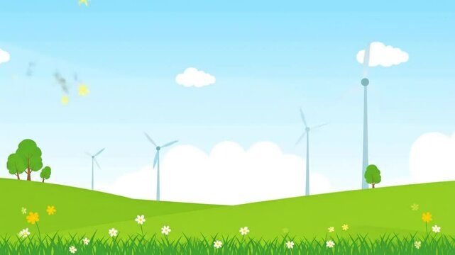 Sunny spring landscape with wind turbines