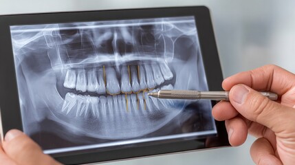 Dentist examines dental X-ray on tablet to assess teeth health and identify issues during patient consultation