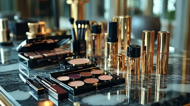 Luxurious makeup collection displayed on a marble surface