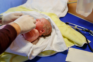 Newborn child seconds and minutes after birth. Doctor hands with new born baby. Medical check up of...
