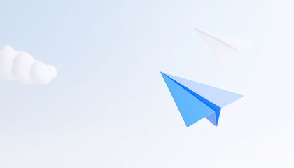 a serene moment of a single blue paper airplane soaring high against the backdrop of a clear sky