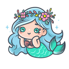 Cute Mermaid. Vector illustration of adorable little girl with fish tail. Comic children drawing. 