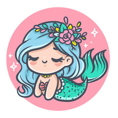 Cute Mermaid. Vector illustration of adorable little girl with fish tail. Comic children drawing. 