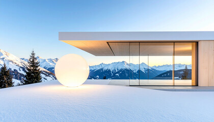 a modern architectural structure in a snowy landscape with majestic mountain views.