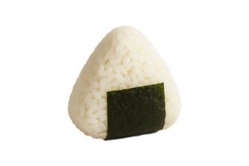 Japanese rice ball (onigiri) with nori seaweed isolated on white or transparent background. Traditional Japanese food, perfect for menus, packaging, and Asian cuisine content, clipping path