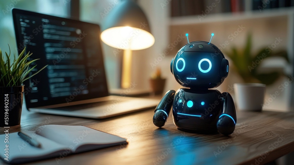 Poster cute robot assistant with light effects in modern workspace setting