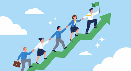 Fototapeta premium businesspeople climbing an upward green arrow, holding hands in a chain as one plants a flag at the top, symbolizing teamwork, leadership, and collective progress