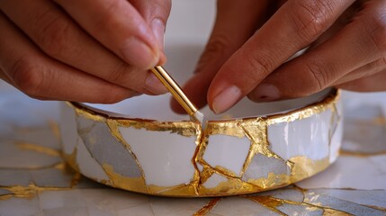 Kintsugi Art: Gold Leaf Repair on Ceramic Bowl