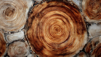 Obraz premium Aesthetic cross section of tree trunks showcasing natural patterns and texture harmony in woodland logs
