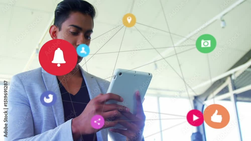 Poster businessman tapping and swiping tablet at tech desk, exploring user add and bell icons enlarging