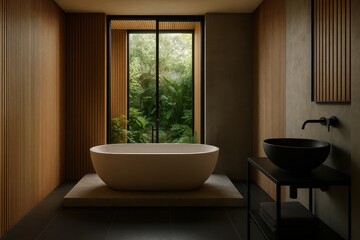 A bathroom interior design featuring a modern shower and a matte black bath creates a stylish space