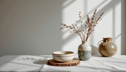 Minimalist still life, a study of simplicity with vase and bowl on white table
