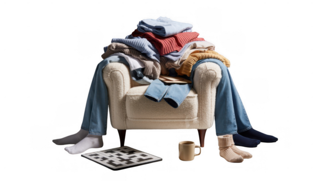 Messy clothes piled on a cozy chair, with legs in jeans and slippers visible, create a relaxed atmosphere for enjoying a crossword puzzle and coffee