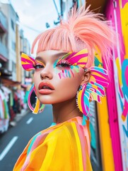 Neon summer makeup for festival season — bright abstract eye look, glossy skin, and colorful hair clips