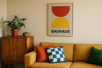 The interior of this living room boasts a retro style and a grey wall that is empty