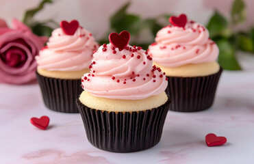 Pink frosted cupcakes with heart toppers and sprinkles create romantic and sweet atmosphere, perfect for Valentine Day celebrations