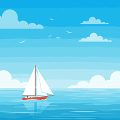 Serene sailboat gliding across a calm blue sea under a clear sky with clouds
