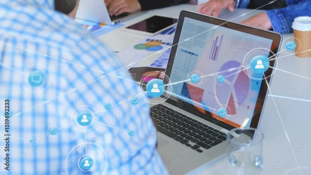 Poster man typing on laptop and activating network overlay connecting colleagues for business data review