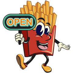 funny french fries cartoon mascot showing a sign that says open, fast food vector character isolated on white, work of hand drawn