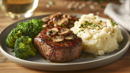 perfectly seared filet mignon topped with mushrooms is served alongside creamy mashed potatoes and steamed broccoli on plate, creating delicious and elegant meal