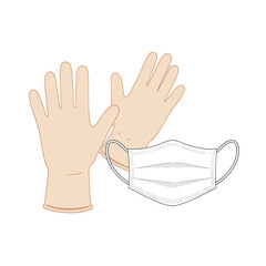 Two hands wearing gloves reaching towards a medical mask on a plain background