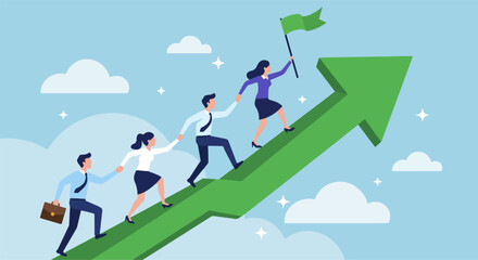 businesspeople climbing an upward green arrow, holding hands in a chain as one plants a flag at the top, symbolizing teamwork, leadership, and collective progress
