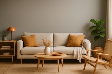 A friendly interior style is exemplified in this living room, which includes a wall mockup, wall art, and is presented using 3d rendering and 3d illustration techniques
