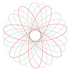Colorful geometric line art vector with editable strokes. Abstract blue and red-pink spirograph pattern creating a delicate, symmetrical floral-like design.