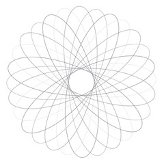 Monochrome geometric line art vector with editable strokes. Abstract grey spirograph pattern creating a delicate, symmetrical floral or rosette design.