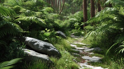 Lush Green Forest Pathway Surrounded by Vibrant Ferns and Mossy Rocks in a Serene Nature Setting