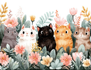 Charming watercolor cats in floral garden, ideal for cat lover t-shirts, pet gifts, spring mugs, or nursery prints