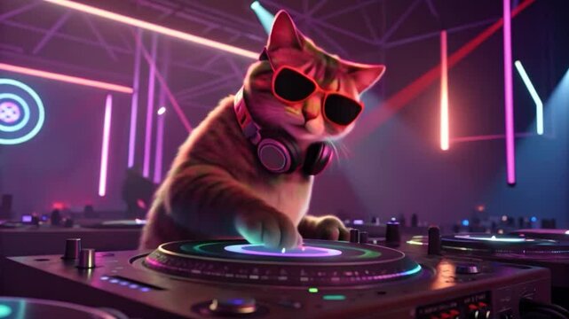 A playful 3D-rendered cat wearing headphones and sunglasses DJs at a vibrant neon-lit nightclub.