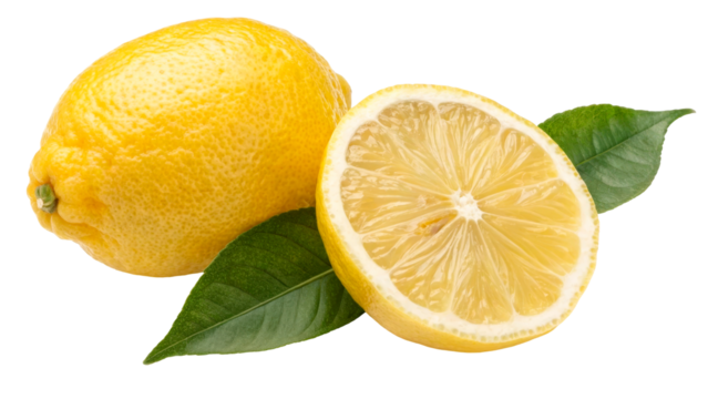Whole fresh lemon with green leaf and sliced half lemon isolated on transparent background, realistic cut out citrus fruit for food packaging, healthy lifestyle, or marketing design, PNG file.